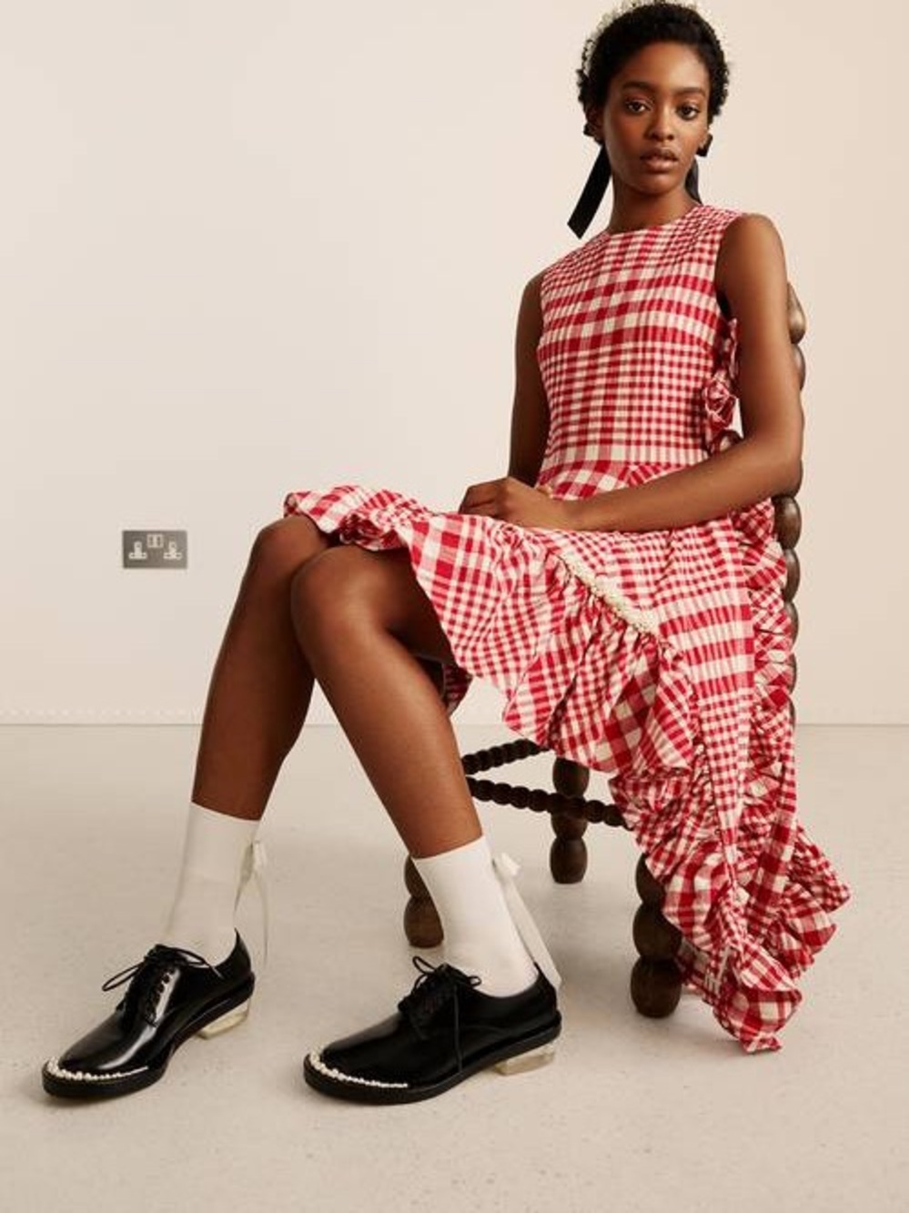 H&M X Simone Rocha Red Plaid Ruffle Dress - Picture 6 of 7